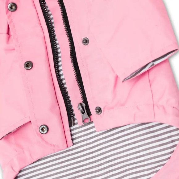 Small Breed Size 2XL Pink Raincoat with Grey and White Pinstripe Lining - Picture 2 of 9